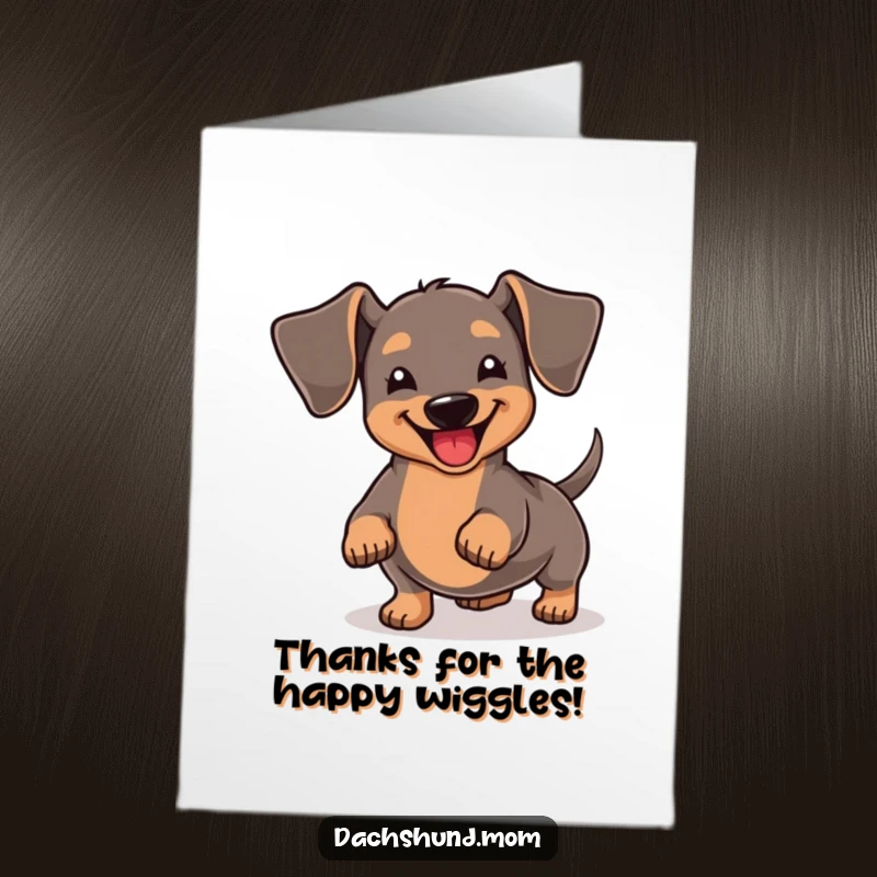 Funny Free Printable Thank You Card with a kawaii dachshund wiggling its tail with immense joy to express sincere gratitude, perfect for print at home.