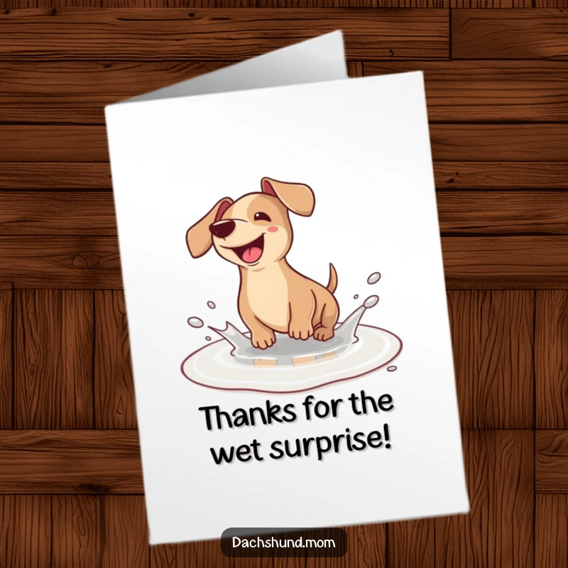 Funny Free Printable Thank You Card: Kawaii dachshund happily splashing in a puddle, expressing gratitude with wet paws.