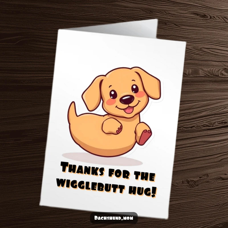 Funny Free Printable Thank You Card: Kawaii dachshund wiggling its rear end with immense gratitude and delight.