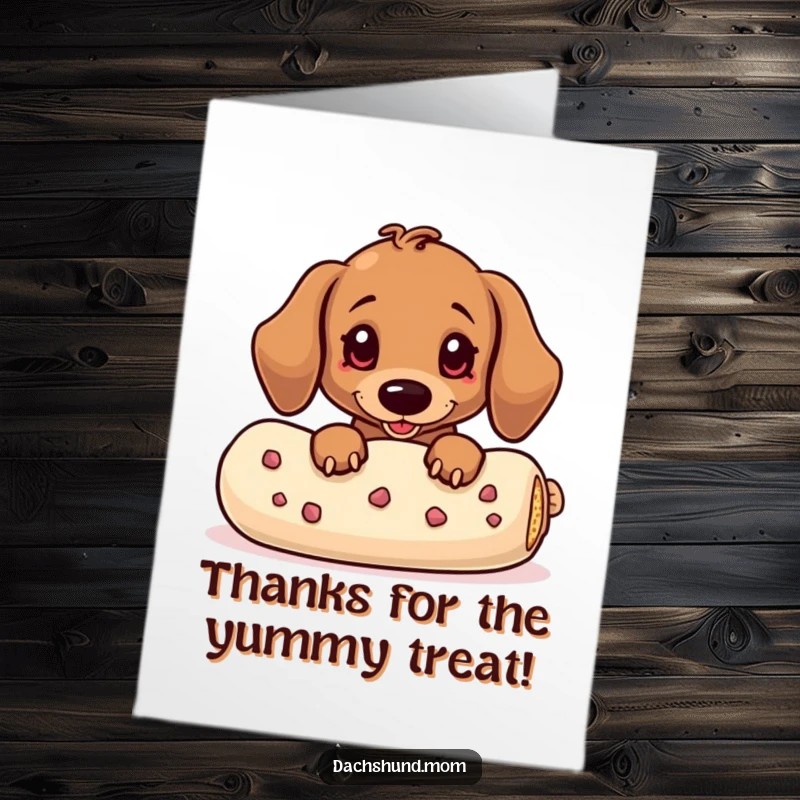 Funny Free Printable Thank You Card: Kawaii dachshund peeking from behind a large treat, a picture of pure desire and humor.