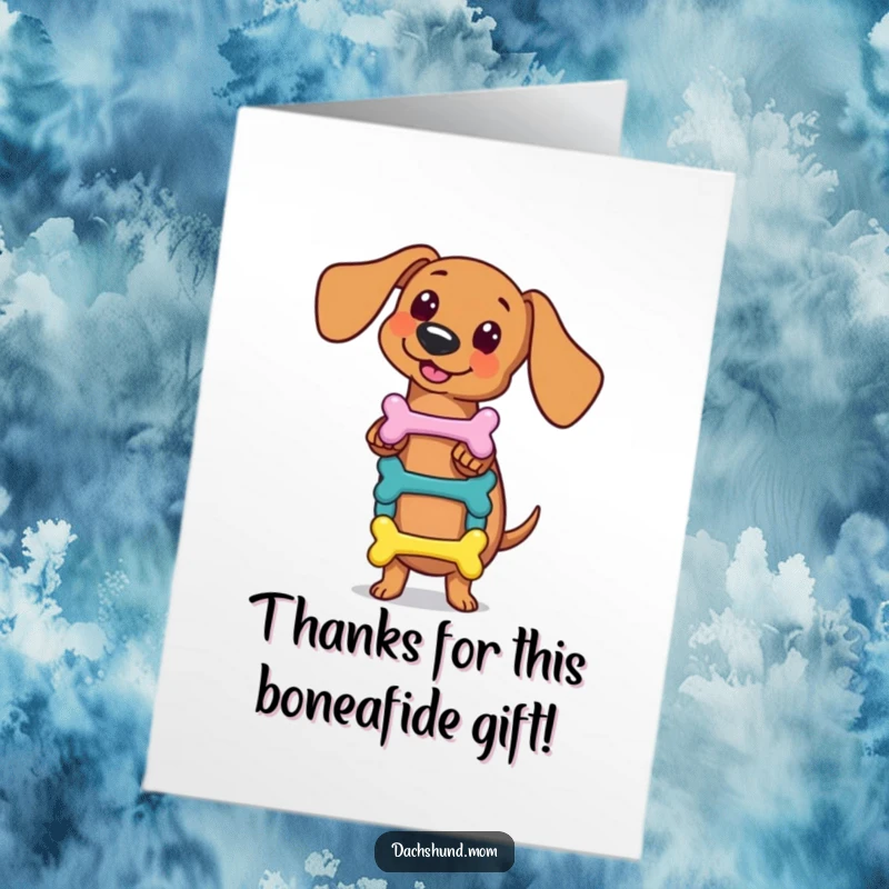 Funny Free Printable Thank You Card: Kawaii dachshund balancing a small, colorful stack of bones with impressive poise.