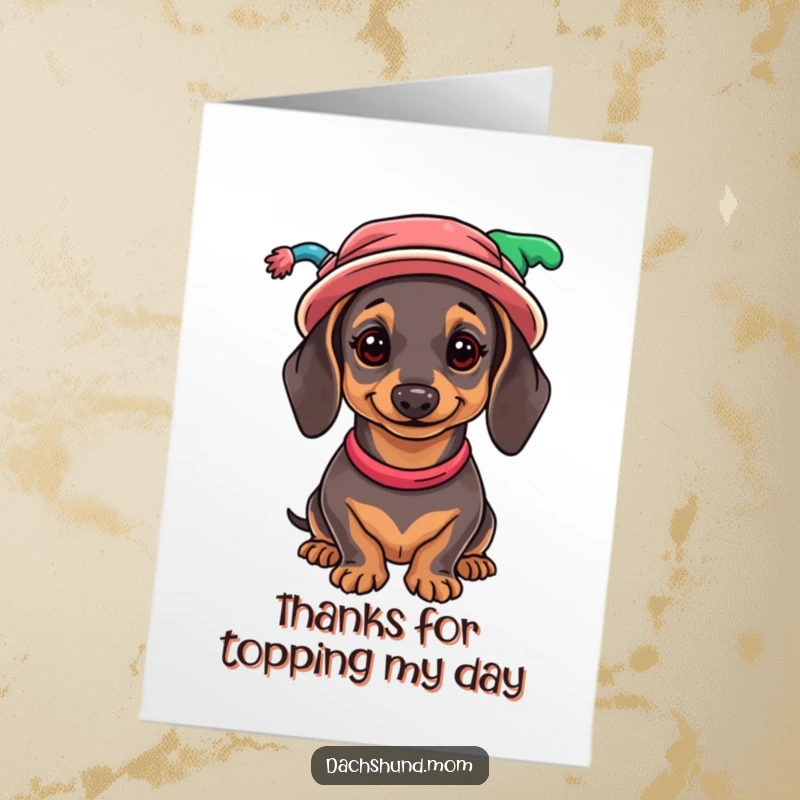 Funny free printable thank you card: a dachshund proudly wearing a tower of brightly colored, mismatched hats.