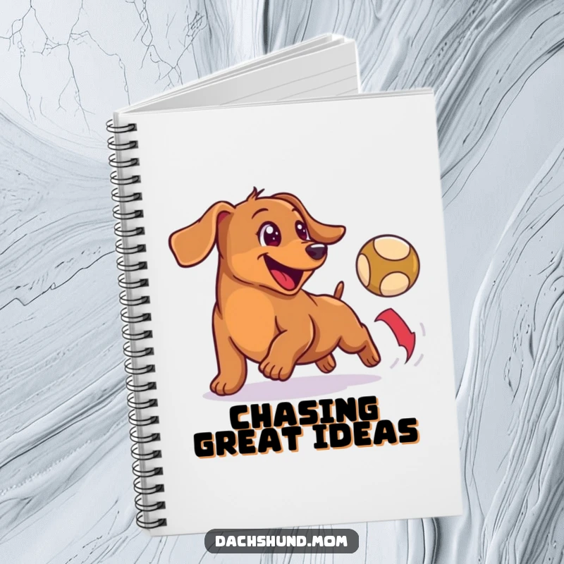 Funny notebook featuring a happy, small wiener dog enthusiastically chasing a bouncing ball, inspiring playful thoughts.