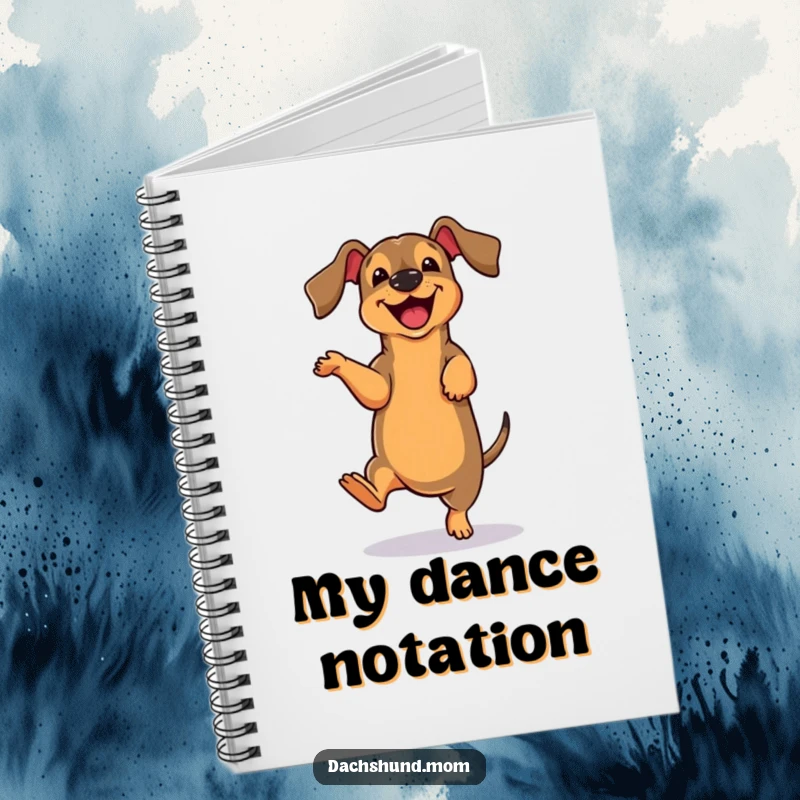 Funny cute dachshund character doing a clumsy dance move on a notebook cover, ideal for jotting down ideas.