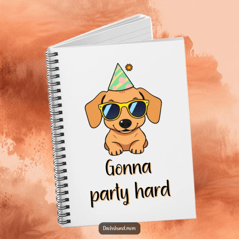 Funny notebook cover featuring a dachshund wearing sunglasses and a party hat, perfect for jotting down festive ideas.
