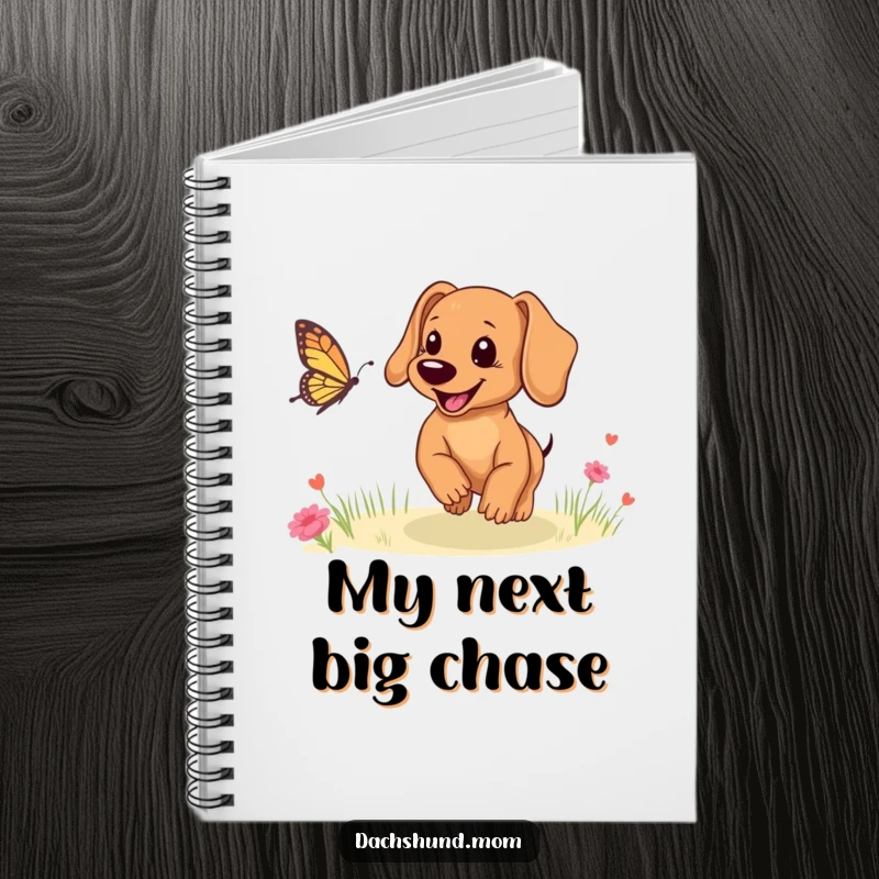 Funny Dachshund puppy notebook cover, a cute pup enthusiastically chasing a butterfly, inspiring creativity.