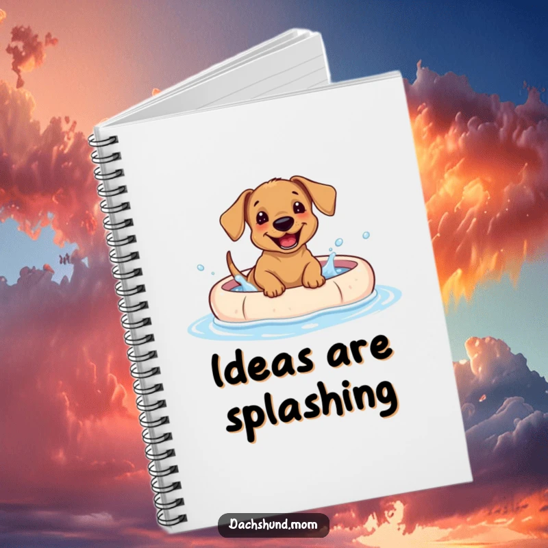 Funny Dachshund puppy notebook cover, a cute dog giggling while splashing water in a kiddie pool.