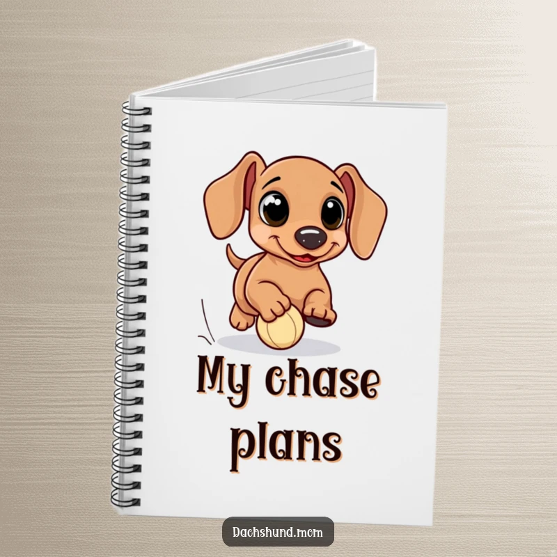Funny kawaii dachshund notebook, with large eyes, comically chasing a tiny ball, perfect for journaling and note-taking, a humorous and practical gift.