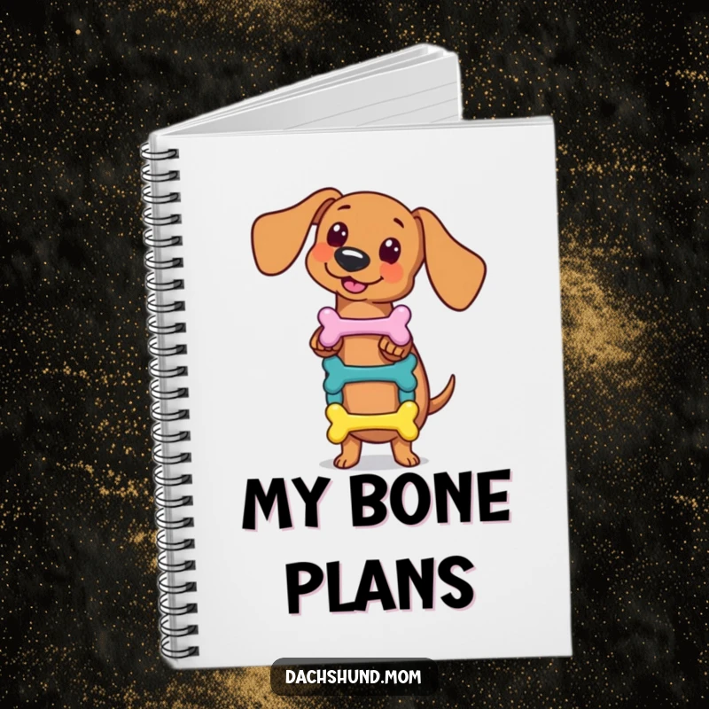 Funny kawaii dachshund notebook, skillfully balancing a small stack of colorful bones, perfect for journaling and note-taking, a humorous and practical gift.