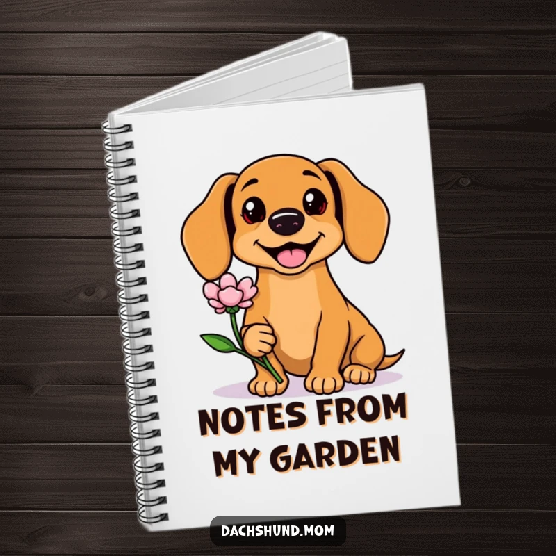 Funny Kawaii Dachshund Notebook with a cute dog offering a flower, ideal for writing, drawing, and planning. A cute stationery gift.