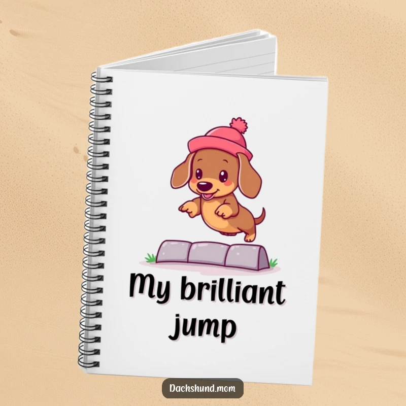 Funny kawaii dachshund in a silly hat, jumping over an obstacle on a notebook cover, ideal for jotting down ideas.