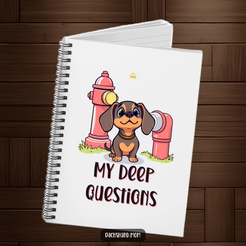 Funny Kawaii Dachshund Notebook: A cute dog looks up in bewilderment at a giant fire hydrant, inspiring your notes with wonder.