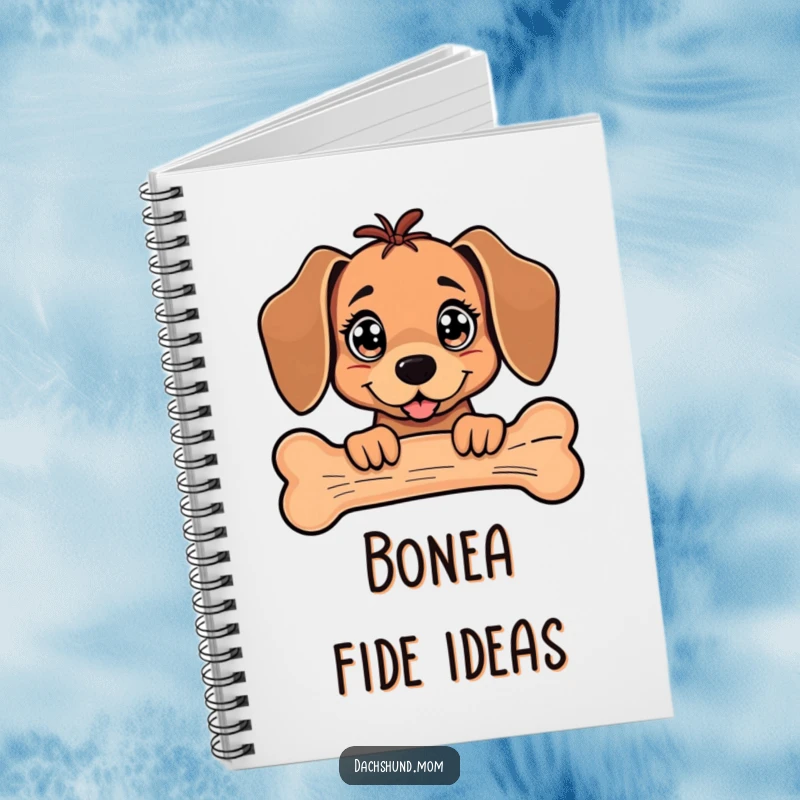 Funny Kawaii Dachshund Notebook featuring a dog with sparkling eyes peeking from behind a giant bone.