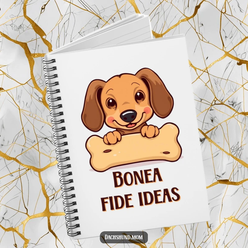 Funny Kawaii Dachshund Notebook: an excited dachshund with flapping ears peeking over a large bone, featuring a cute, humorous design.