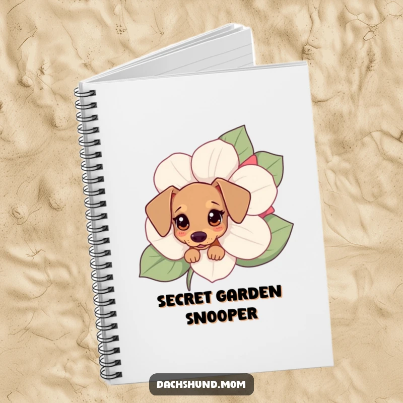 Funny Kawaii dachshund notebook with a small dog peeking from behind a flower, ideal for jotting down notes.