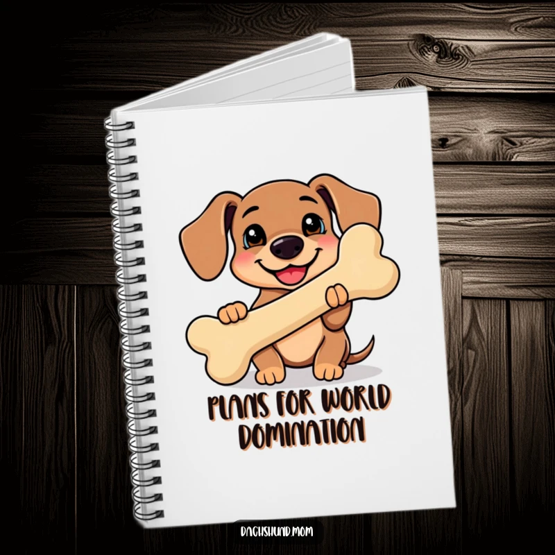 Funny Kawaii Dachshund Notebook with a smiling dachshund holding a giant bone on the cover, ideal for jotting funny notes.
