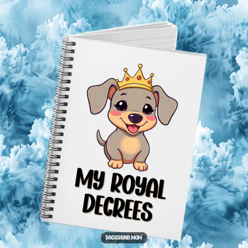 Funny kawaii dachshund wearing a crown and wagging its tail on a notebook, ideal for jotting notes.