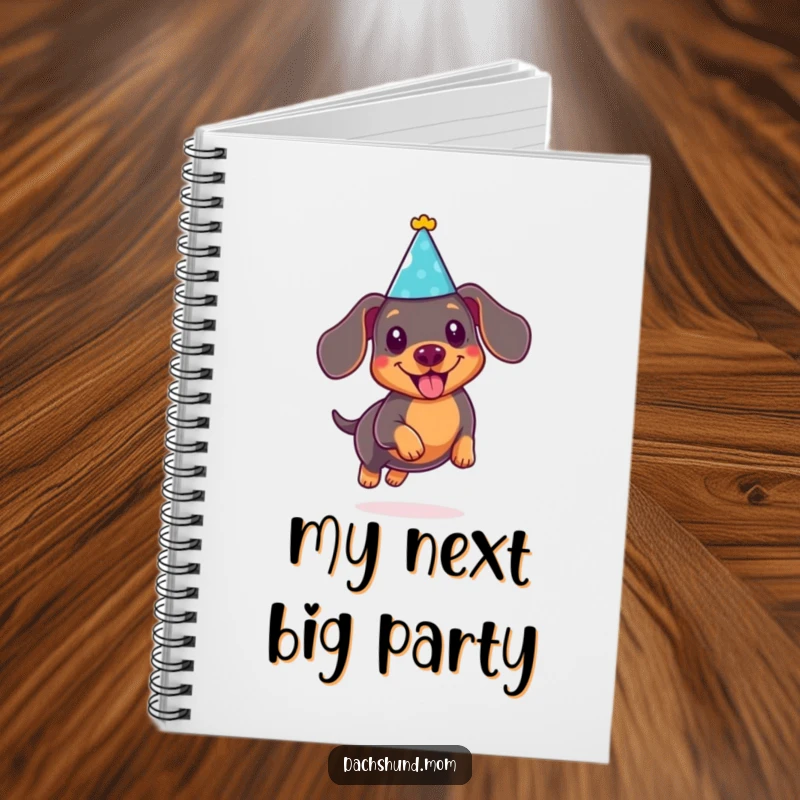 Funny Kawaii Dachshund Party Notebook: Cute doxie in a party hat, joyfully leaping, ideal for notes and plans.