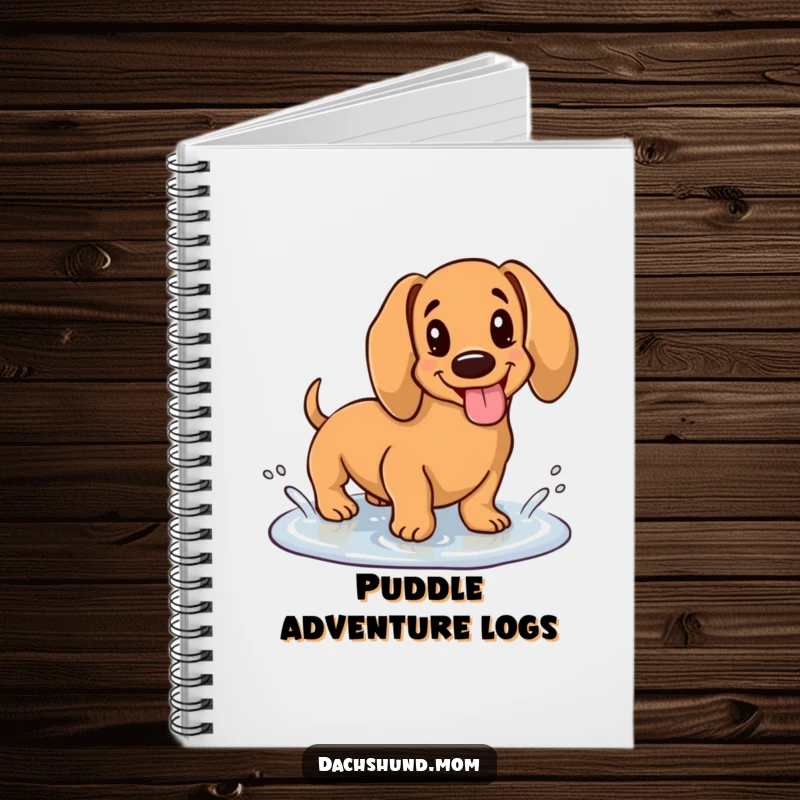 Funny notebook with a kawaii dachshund happily splashing in a puddle with its tongue out, perfect for notes and doodles.