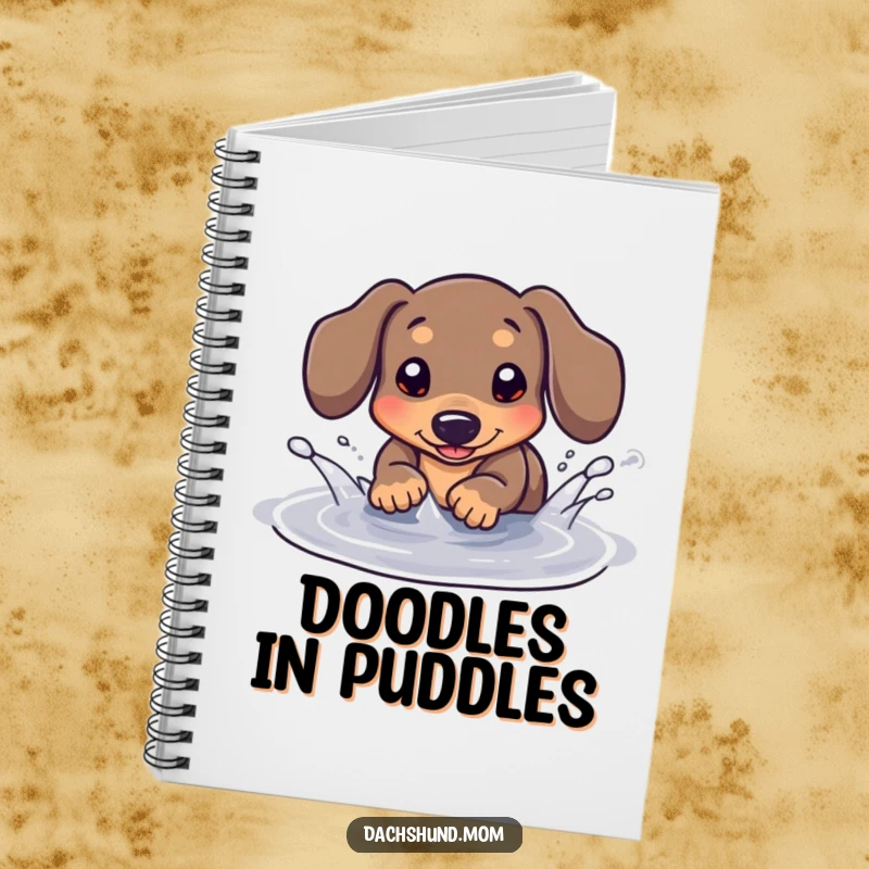 Funny Kawaii Dachshund Notebook: A playful dachshund splashes in a puddle, ready to capture your notes and doodles.