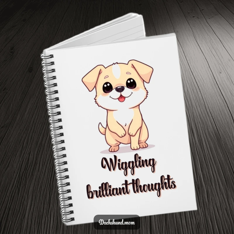 Funny notebook featuring a tiny, long dog with big eyes wiggling its body enthusiastically, inspiring happy thoughts.