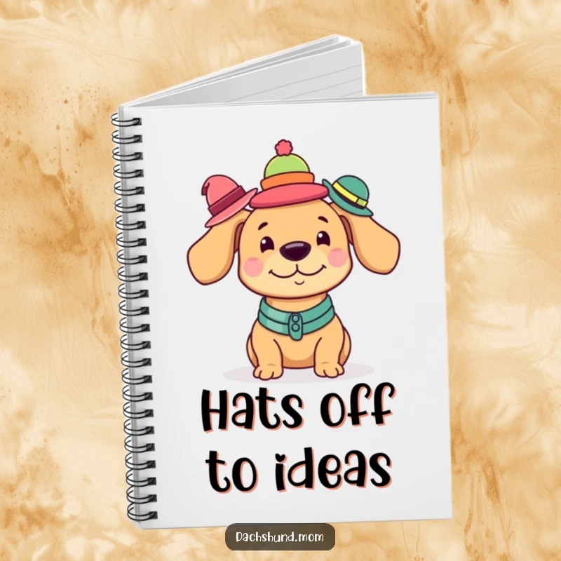 Funny Kawaii Dachshund Notebook featuring a dog balancing a stack of tiny hats, ideal for writing.