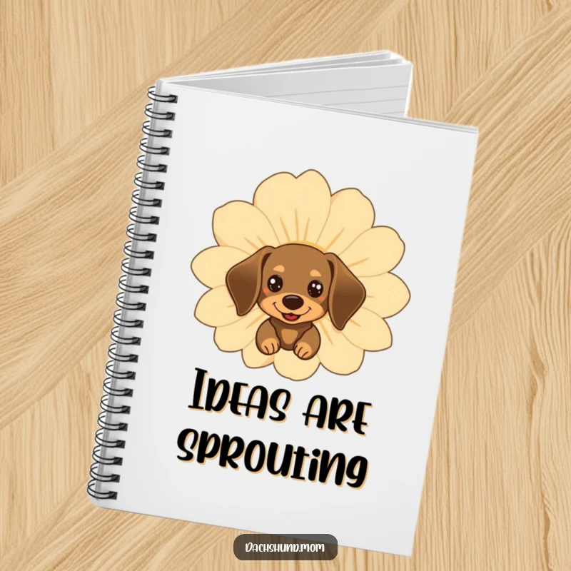 Funny kawaii dachshund peeking behind a large, happy flower on a notebook cover for creative thoughts.