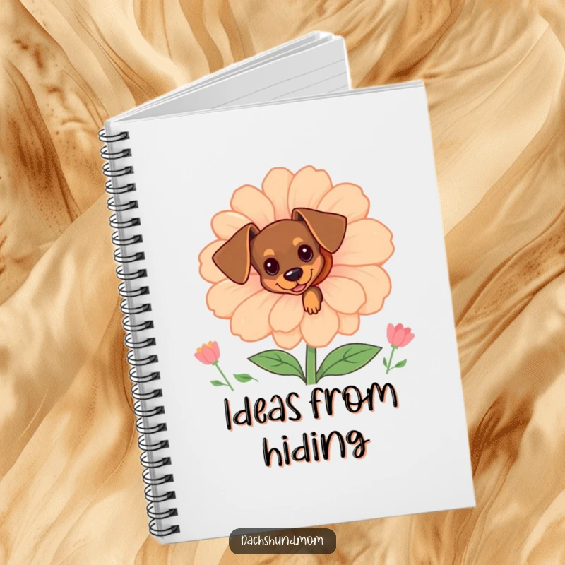 Funny tiny dachshund peeking from behind a large flower on a notebook cover, ideal for jotting down ideas.