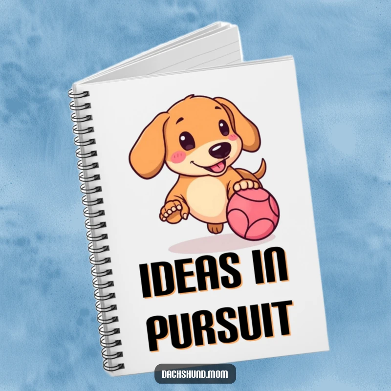 Funny Kawaii Dachshund Notebook featuring a rosy-cheeked dog energetically chasing a bouncing ball, perfect for notes.