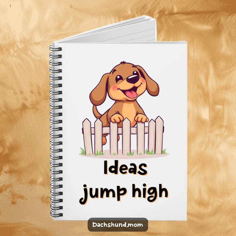 Funny Kawaii Dachshund Notebook featuring a joyful dog leaping over a miniature fence, perfect for notes.