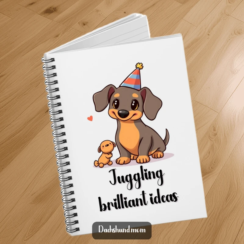 Funny Kawaii Dachshund Notebook: a dachshund in a party hat juggles three squeaky toys, featuring a fun and festive design.