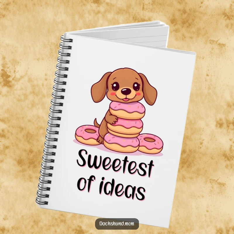 Funny Kawaii Dachshund Notebook showing a dog attempting to balance a stack of donuts, perfect for journaling and gifting.