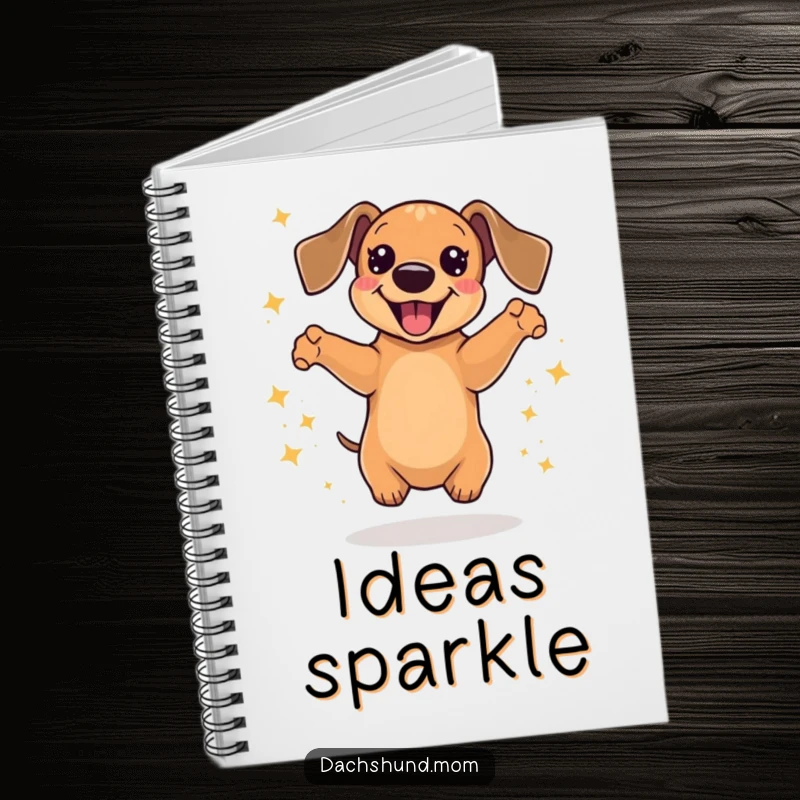 Funny Kawaii Dachshund Notebook showing a dog jumping with pure delight, surrounded by shimmering sparkles, a creative gift.