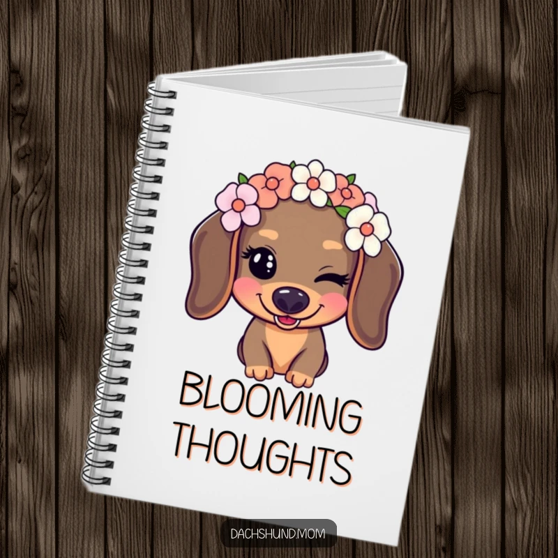 Funny Kawaii Dachshund Notebook showing a dog with a flower crown playfully winking, perfect for journaling and gifting.
