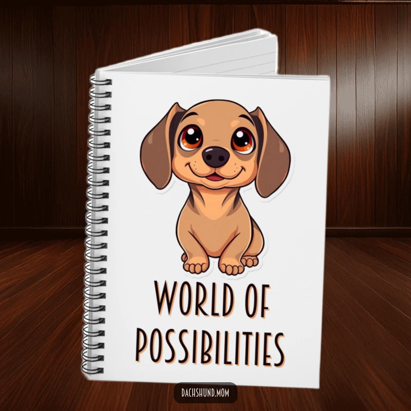 Funny Kawaii Dachshund Notebook, showing a dog with sparkling eyes lost in a moment of pure wonder, a great gift.