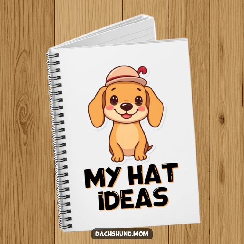 Funny kawaii dachshund notebook, tipping a tiny hat with a cheerful grin, perfect for journaling and note-taking, a humorous and practical gift.