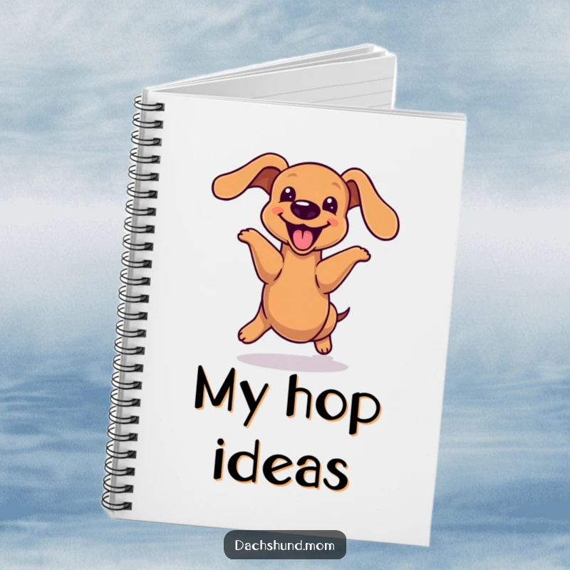 Funny kawaii dachshund notebook, doing a joyful hop with its long body, conveying pure excitement, perfect for journaling and note-taking, a humorous and practical gift.
