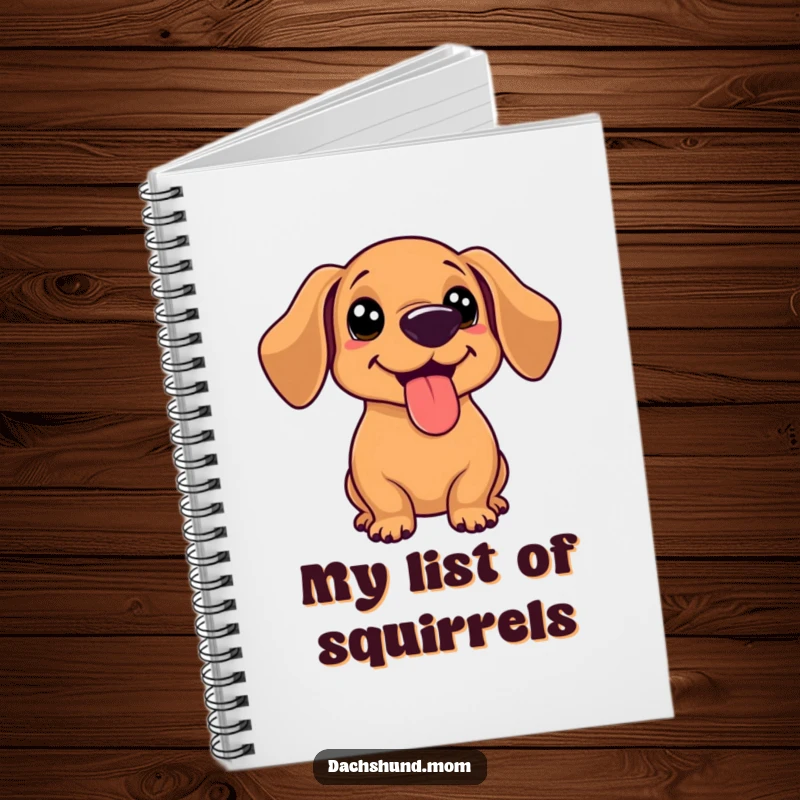 Funny kawaii dachshund with tongue out, panting happily after a game, on a lined notebook cover.