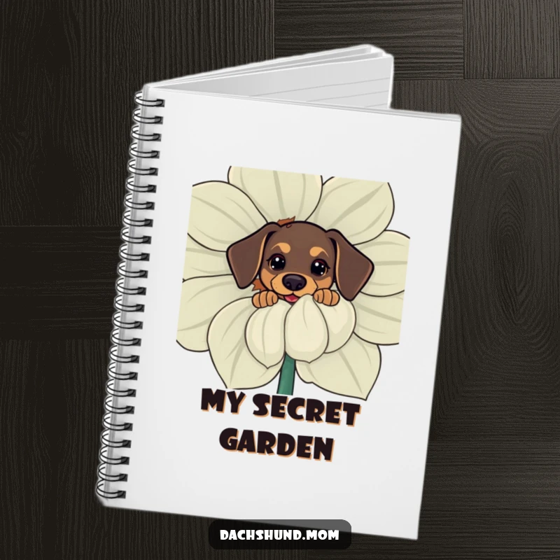 Funny notebook featuring a kawaii dachshund curiously peeking from behind a large flower, great for notes and cute doodles.