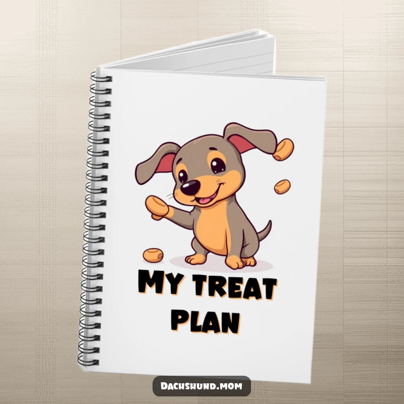 Funny notebook featuring a kawaii dachshund hilariously juggling treats, great for notes and cute doodles.