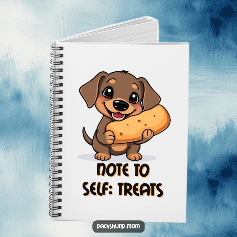 Funny Kawaii Dachshund Notebook: a goofy dachshund with a big grin holds a comically large treat, featuring a happy and humorous design.