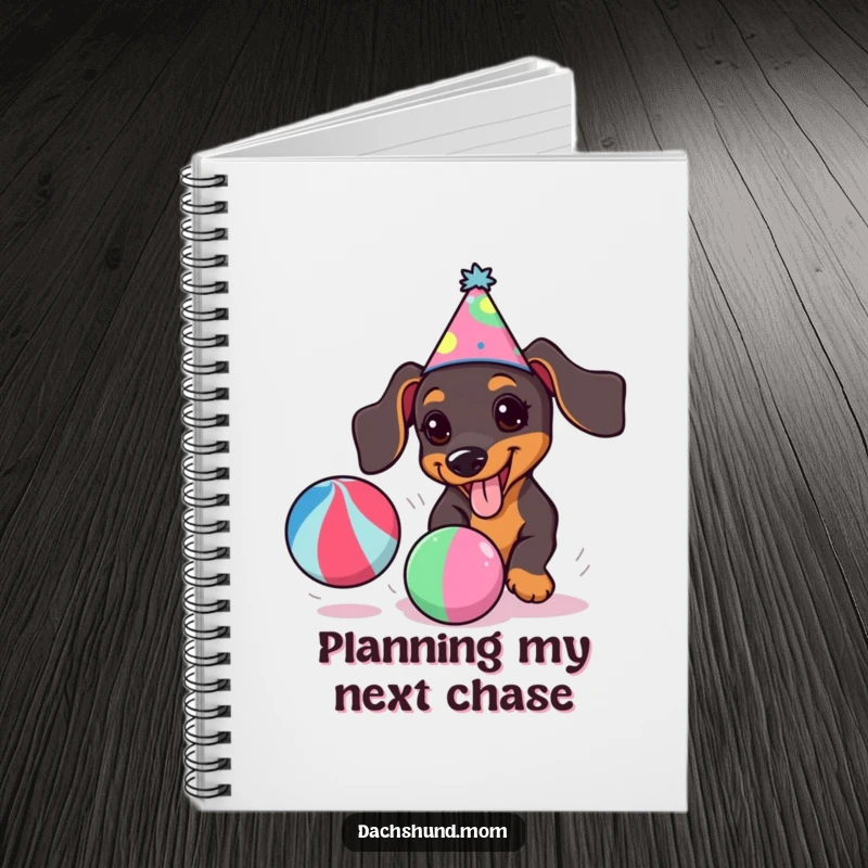 Funny kawaii dachshund wearing a party hat, joyfully chasing a colorful ball, captured on a notebook cover.
