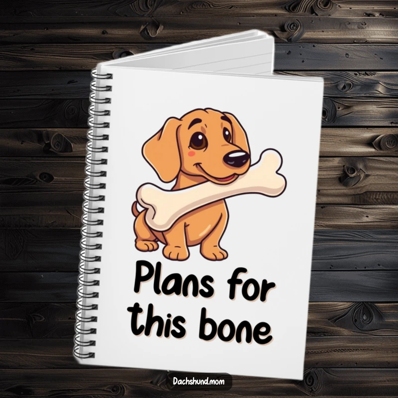 Funny notebook cover featuring a dachshunds with a comically large bone, perfect for jotting down ideas and notes.