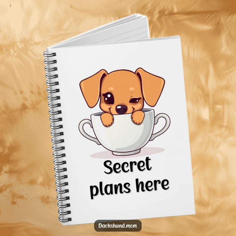 Funny notebook with a kawaii dachshund peeking from behind a teacup with a mischievous wink, perfect for notes and doodles.