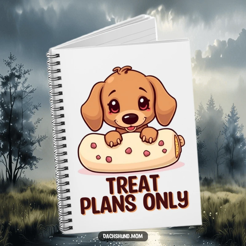 Funny Dachshund Notebook: A kawaii dachshund peeking from behind a large treat, great for jotting down ideas and snack plans.