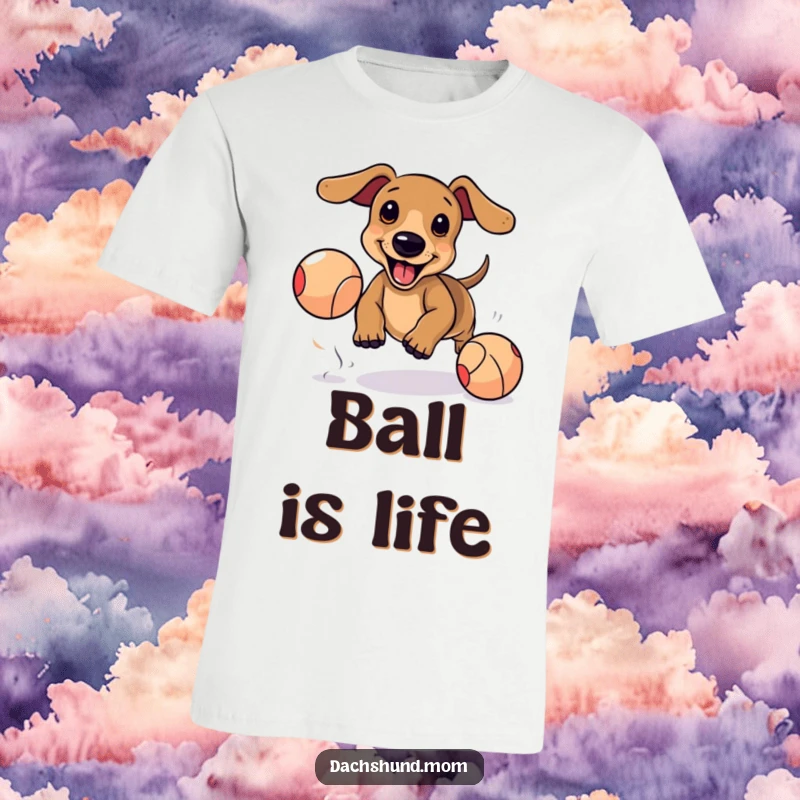 Funny Kawaii Dachshund T-Shirt: Adorable dog excitedly chasing bouncing ball, playful energy, cute pet apparel.