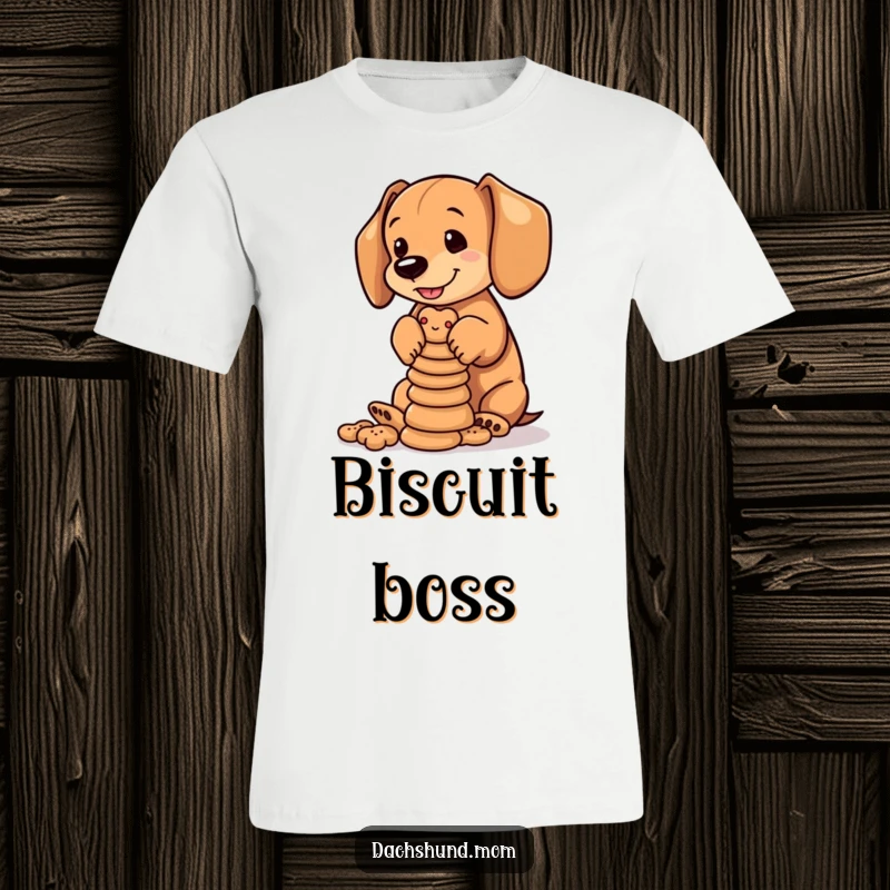 Funny Dachshund Biscuits T-Shirt: A cute Dachshund pup balances a tall stack of small dog biscuits. Humorous and talented.