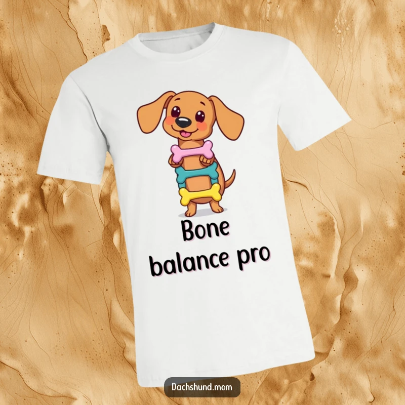 Funny kawaii dachshund t-shirt, skillfully balancing a small stack of colorful bones, showcasing talent and humor, a unique and funny design for gifting.