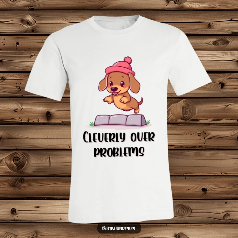 Funny kawaii dachshund in a silly hat, jumping over an obstacle, printed on a t-shirt, capturing playful dog humor.