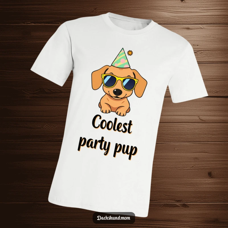 Funny t-shirt featuring a dachshund wearing small sunglasses and a festive party hat, looking cool and ready to celebrate.